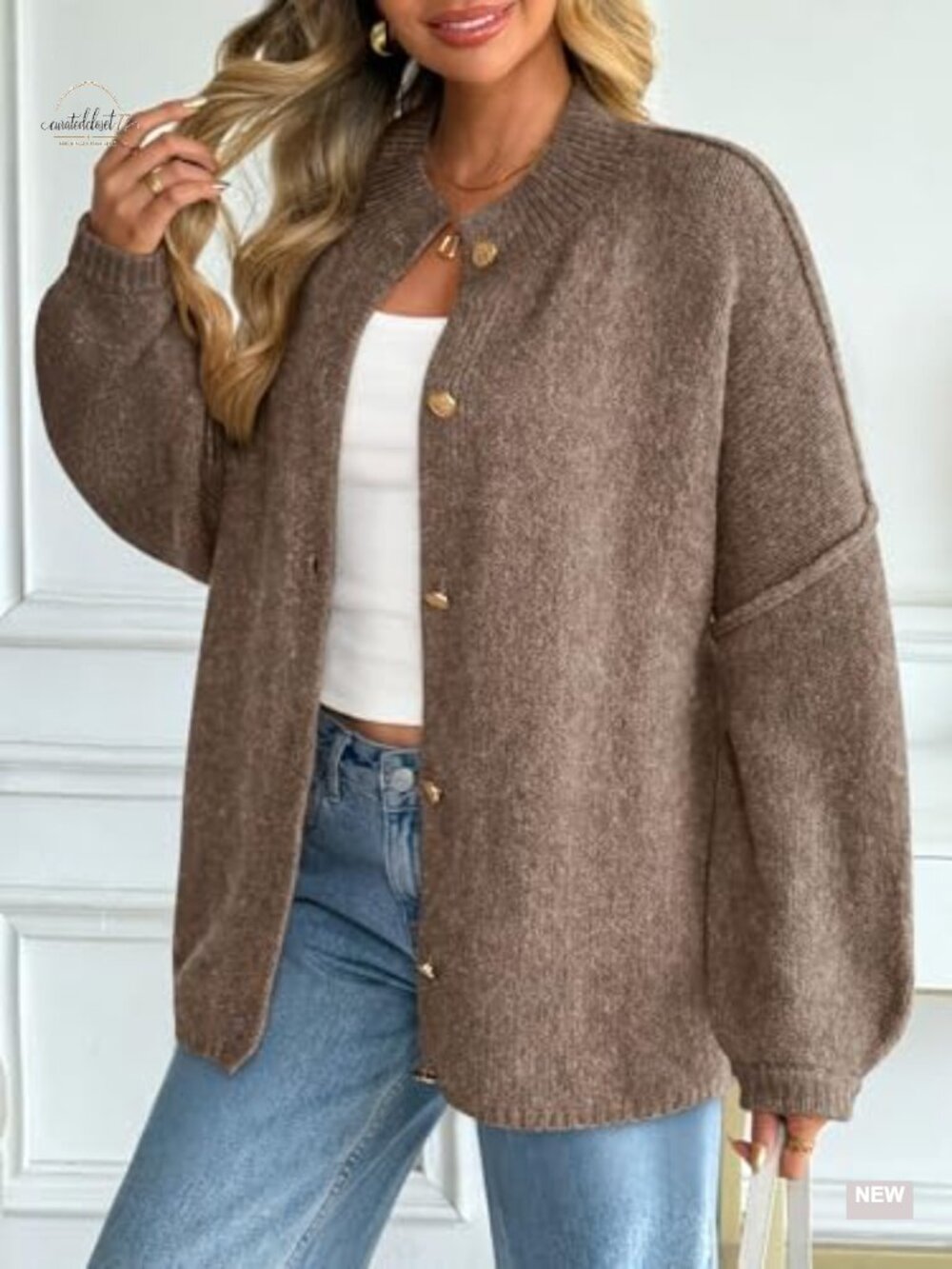 Oversized Chunky Knit Cardigan Sweater Long Lantern Sleeve Button Down Cozy - Picture 2 of 5